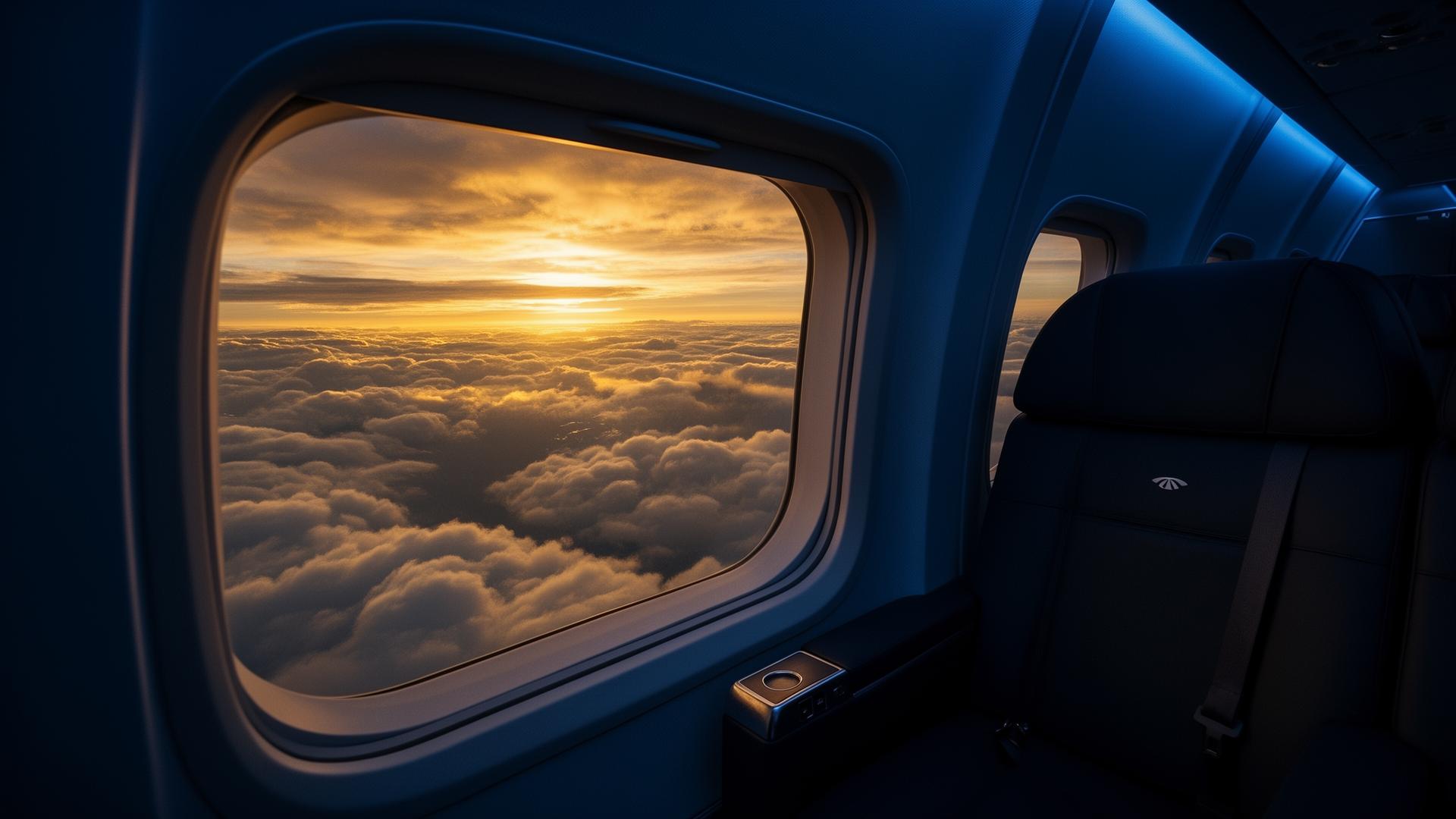 View through a premium business class aircraft window above the clouds at sunset