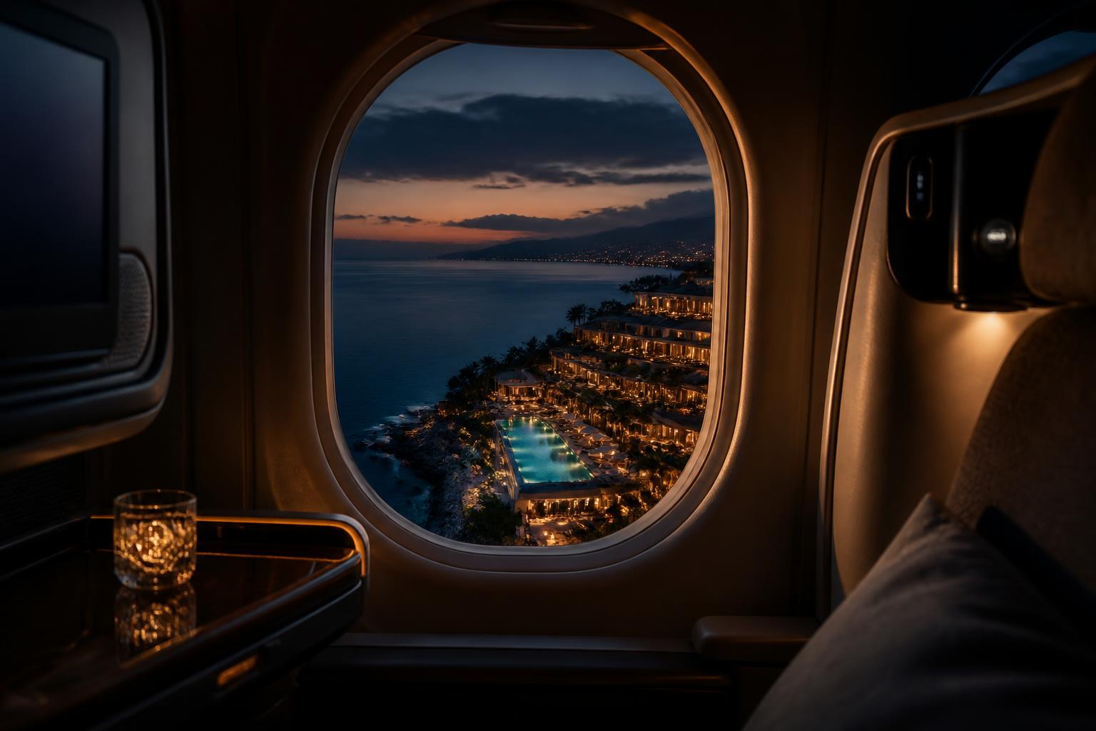 Aerial view of a premium travel destination at golden hour
